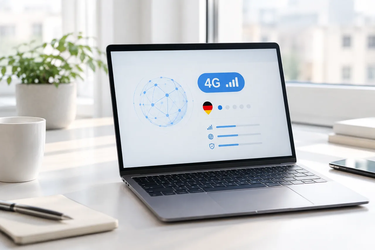 Laptop on a bright desk showing a 4G network panel with a German location pin — 4G mobile proxy Germany