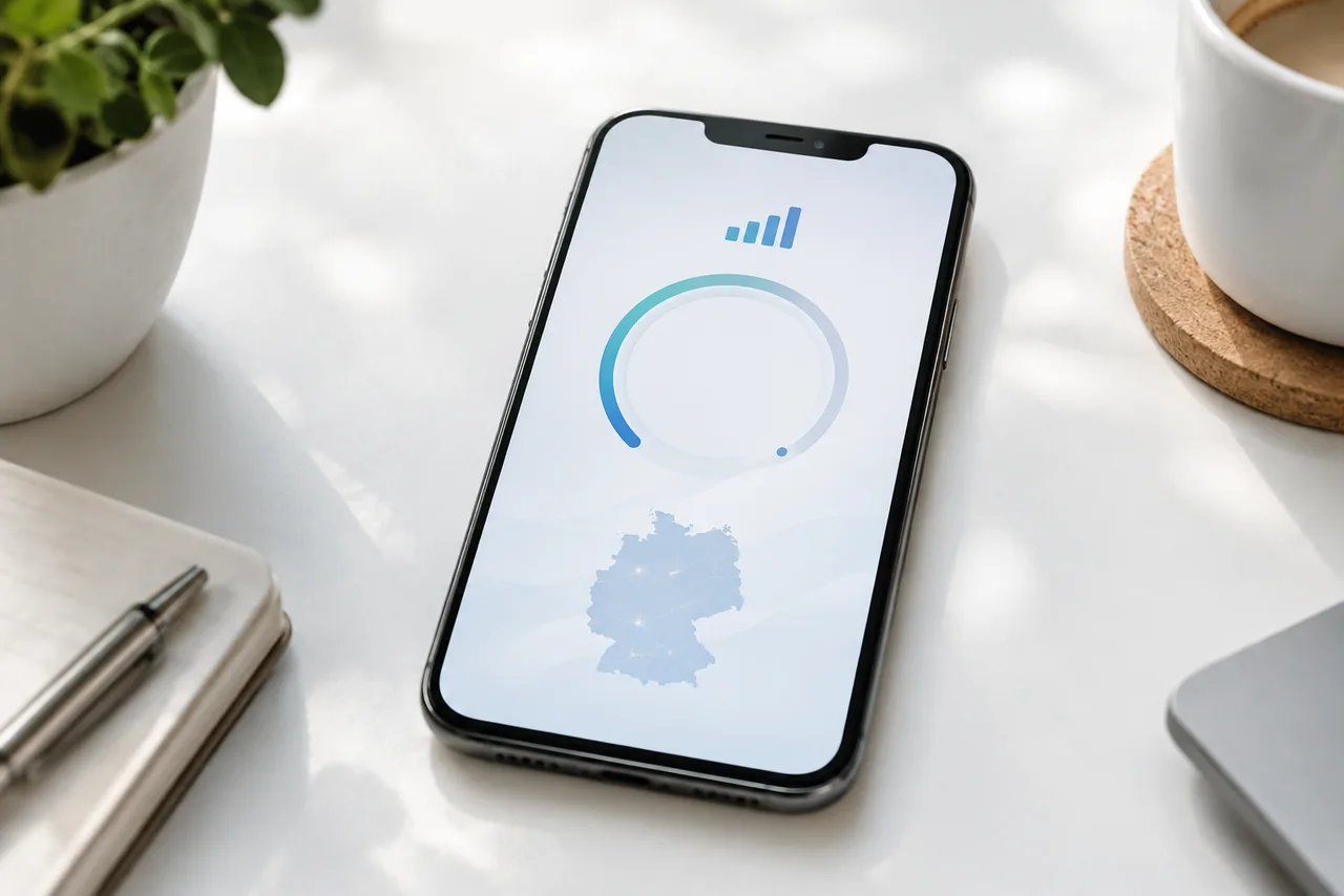 Smartphone on a bright desk showing a 5G speed test with a map of Germany — German mobile proxy