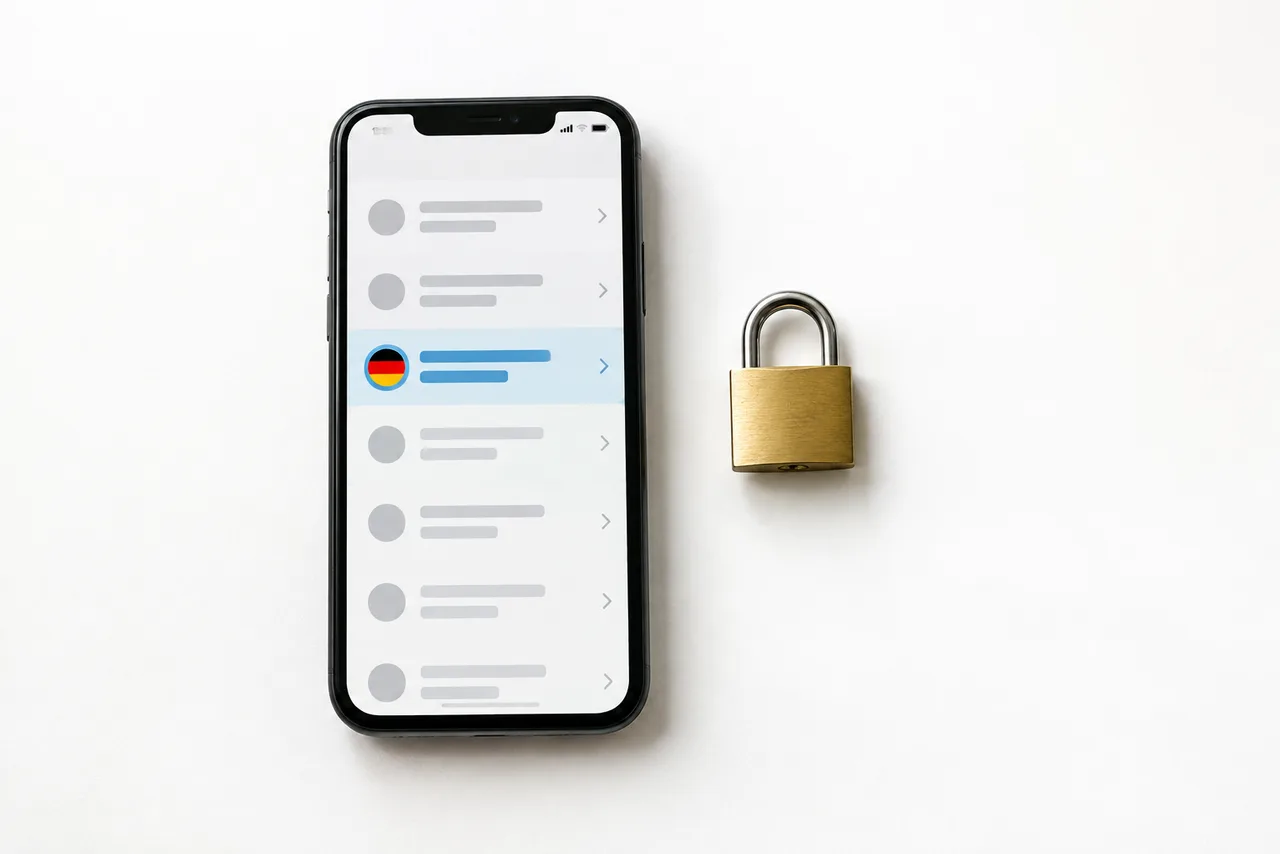 Smartphone with one highlighted German IP row next to a padlock — dedicated German mobile proxy